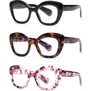 JM 3 Pack Oversized Cat Eye Reading Glasses for Women Funky Blue Light Flexible Cateye Readers +2.25