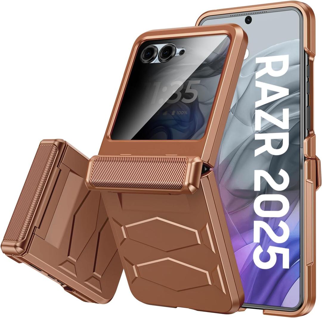 Vizvera for Motorola Razr 2026/2025 Case with Hinge Cover,Built-in Privacy Screen Protector Shockproof All-Inclusive Smartphone Cover Wireless Charging for Motorola Razr 2026MOCA (Desert Gold)