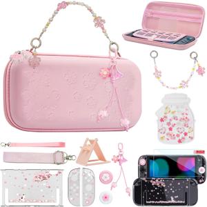 VirgoCCY Pink Carrying Case Set for Switch 2 2025, with Silicone j-con Covers, Thumb Grip Caps, Screen Protector, Sakura Hand Strap and stickers for Girls Women,Sakura-Pink