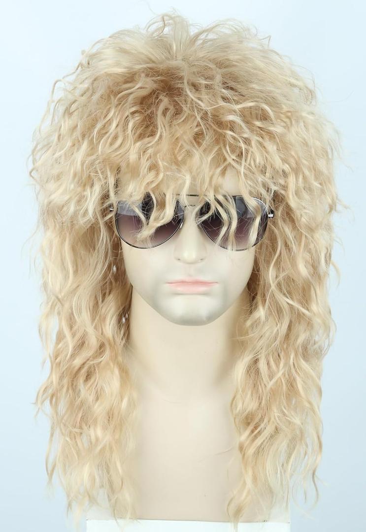 Topcosplay Men or Women 80s Mullet Wig Rock Disco Wigs Long Curly Blonde