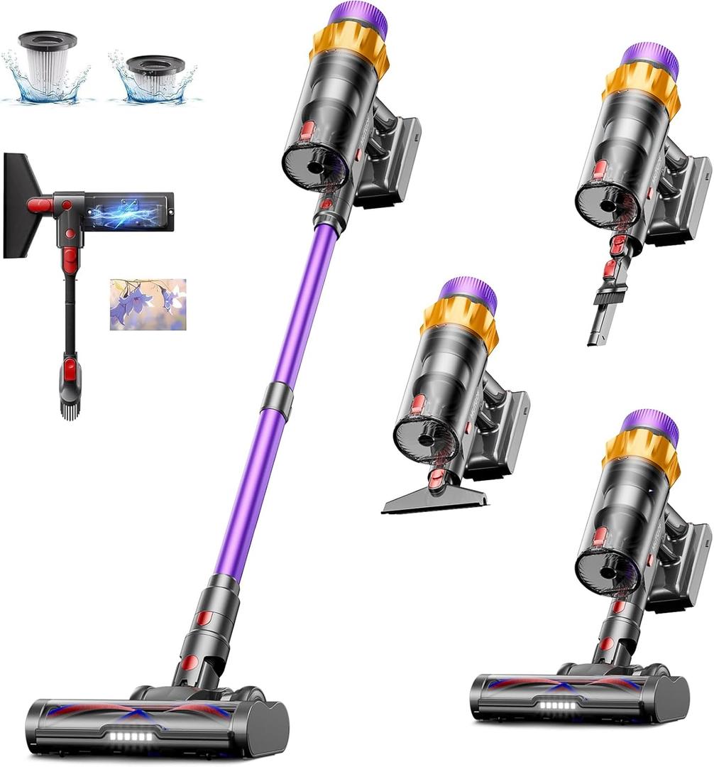Cordless Vacuum Cleaner, 650W 55KPA 70 Mins Vacuum Cleaners for Home, Self-Standing Cordless Vacuum with Charging Dock Station, LED Display, Upgraded Anti-Tangle Stick Vacuum for Pet Hair/Carpet/Floor (Purple)
