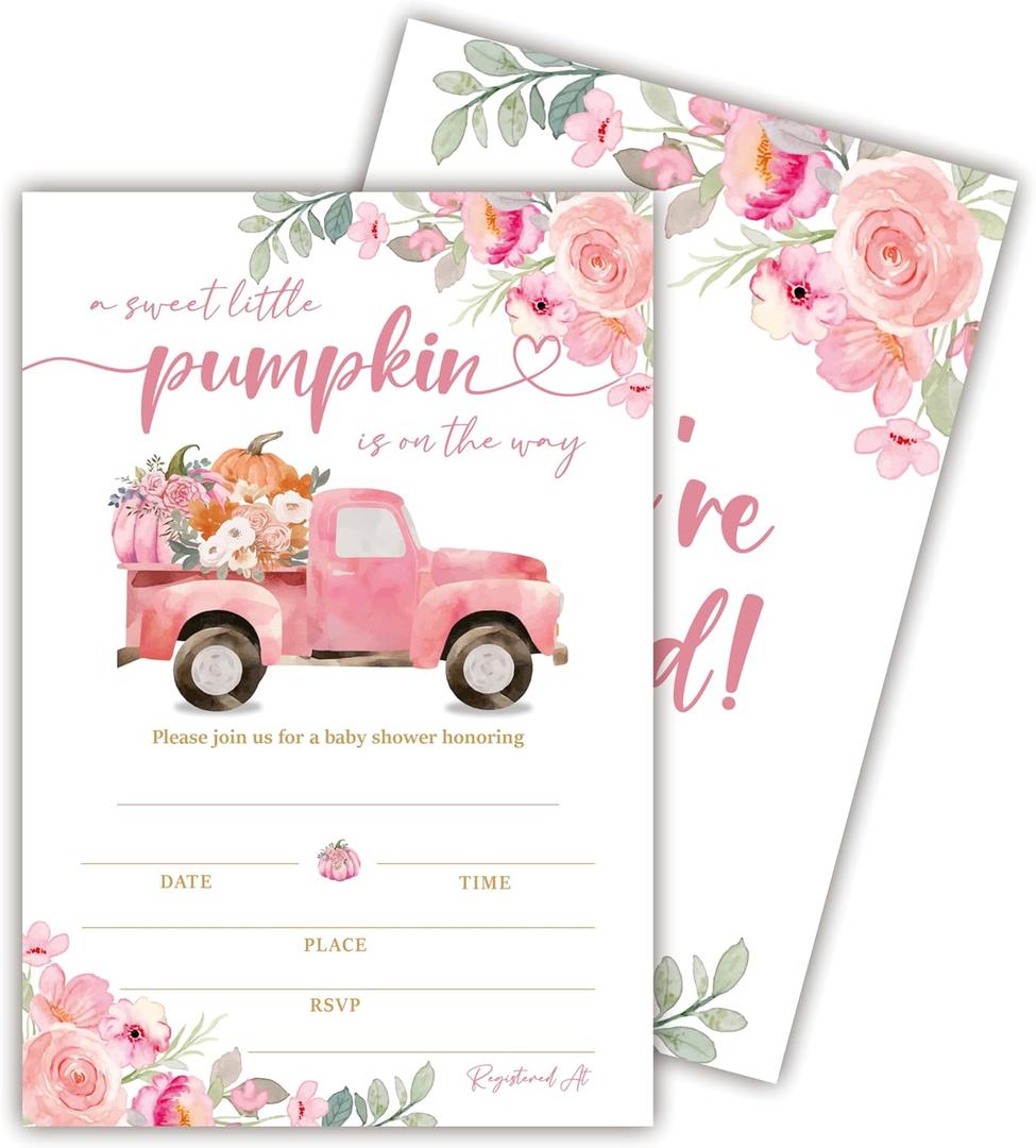 25 Set Double Print Baby Shower Invitation Cards(4"x6")-A Sweet Little Pumpkin Is On The Way Autumn Card-Floral Watercolor Pumpkin Truck Invitation Card With Envelope-Baby Gender Announcement-A02