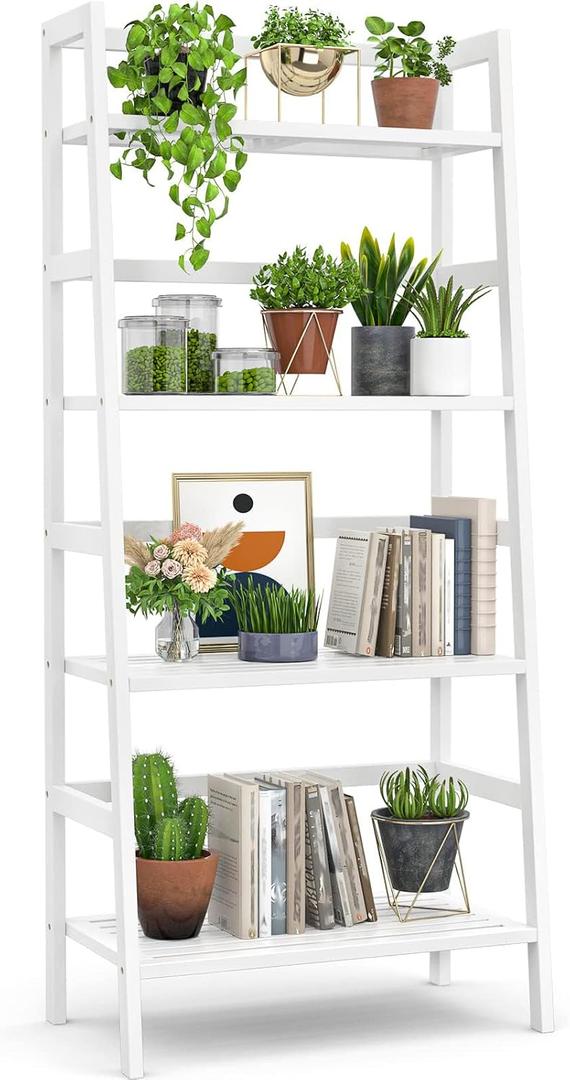 Homykic Ladder Shelf, 4-Tier Bamboo Ladder Bookshelf, 49.2 White Book Shelf, Open Bookcase Freestanding Plant Stand for Small Space, Bathroom, Living Room, Bedroom, Home Office