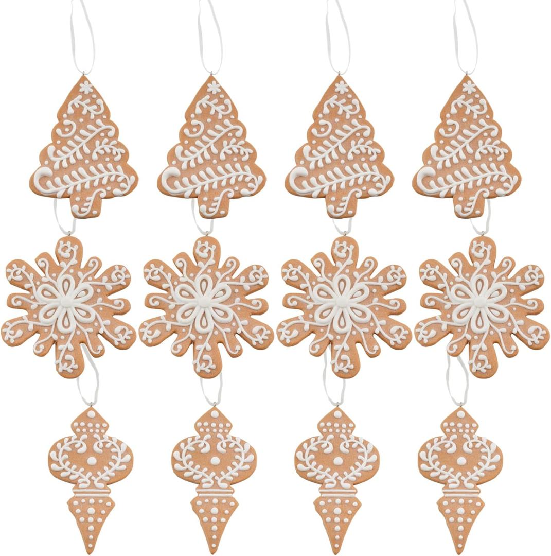 AuldHome Design Gingerbread Cookie Christmas Ornaments (Set of 12); Large Tree, Snowflake and Finial Shaped Holiday Cookie Decorations, 4-5 Inch Size