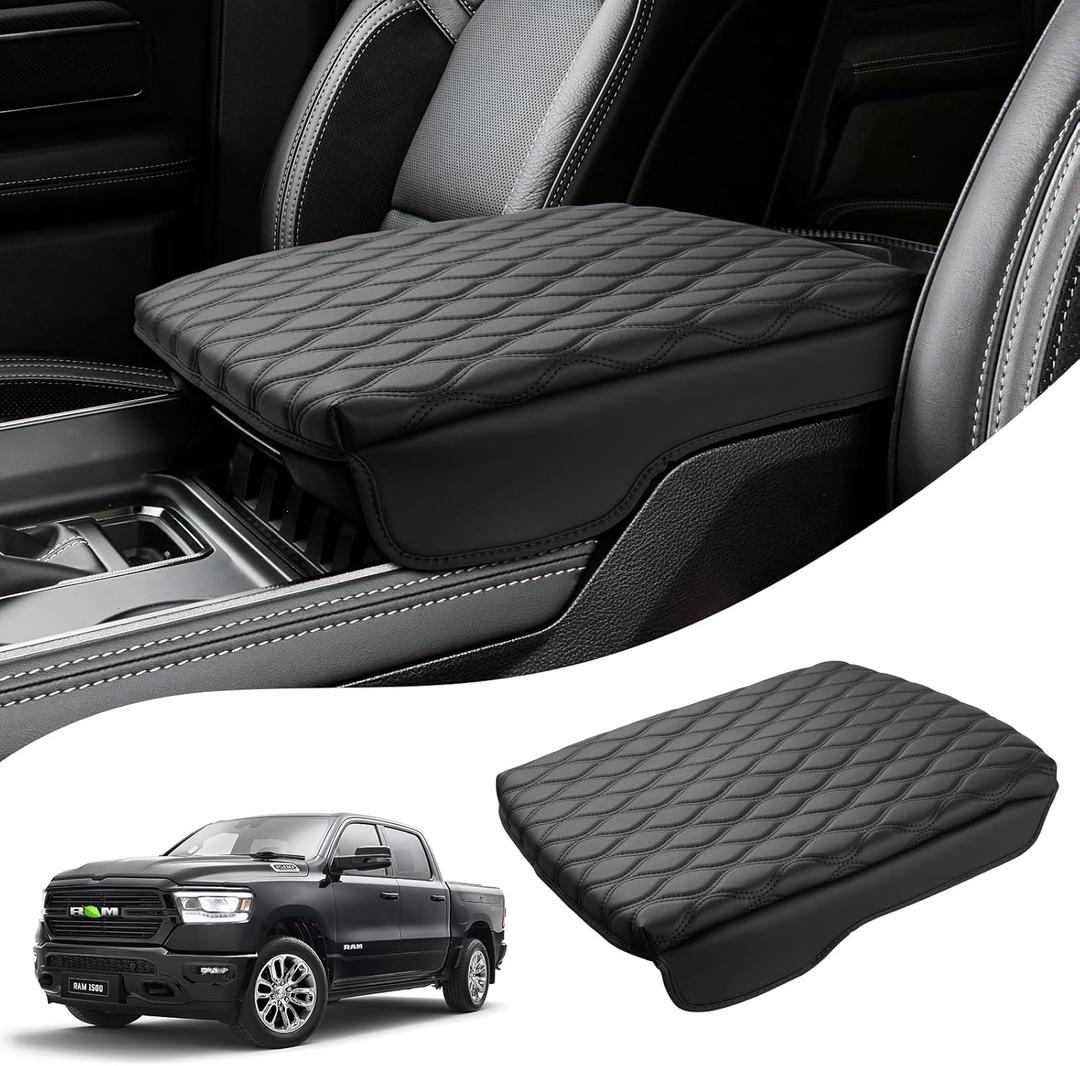 Autorder Center Console Cover for 2019-2025 2026 Dodge Ram 1500/2500/3500 Accessories Armrest Cushion Cover Nappa Leather Middle Console Covers Console Cushion Pad Anti-Scratch(Bucket Seat Only)