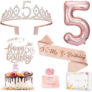 5th Birthday Decorations Girl, Including 5 year old Birthday Cake Topper, Queen Sash with Pearl Pin, Sweet Rhinestone Tiara Crown, Number Candles and Balloons Set, Rose Gold