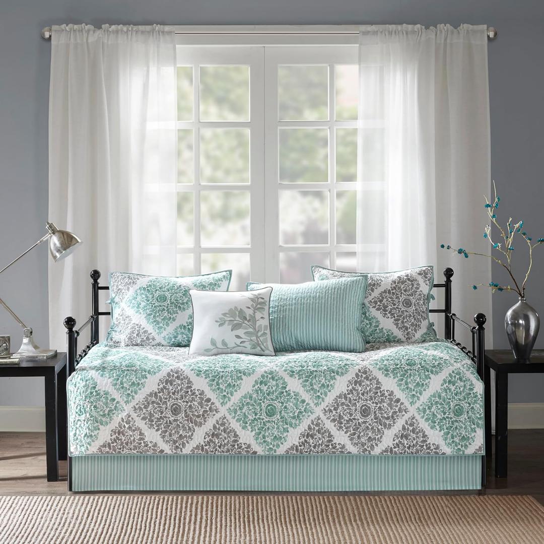 Madison Park Daybed Cover Set - Double Sided Quilting Casual Design, All Season Bedding with Bedskirt, Matching Shams, Decorative Pillow, 75"x39", Diamond Aqua 6 Piece