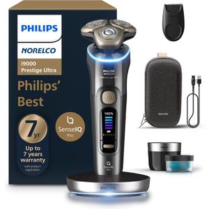 Philips Norelco Shaver i9000 Prestige Ultra, Wet & Dry Electric Shaver, Dark Slate, SenseIQ Pro Technology, Triple Lift & Cut System, 360 Rotating NanoTech Precision Blades, Quick Clean Pod, XP9402/86 (i9000 Prestige + Charge Stand, QCP & Trimmer, Black)