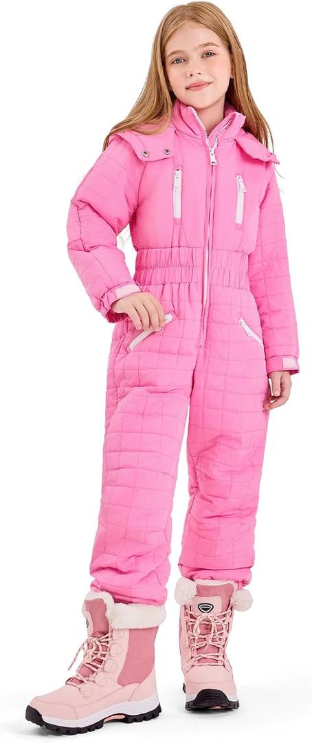 Haloumoning Kid Snowsuit Girls Hooded Waterproof Insulated Ski Suit, Pink Size 160
