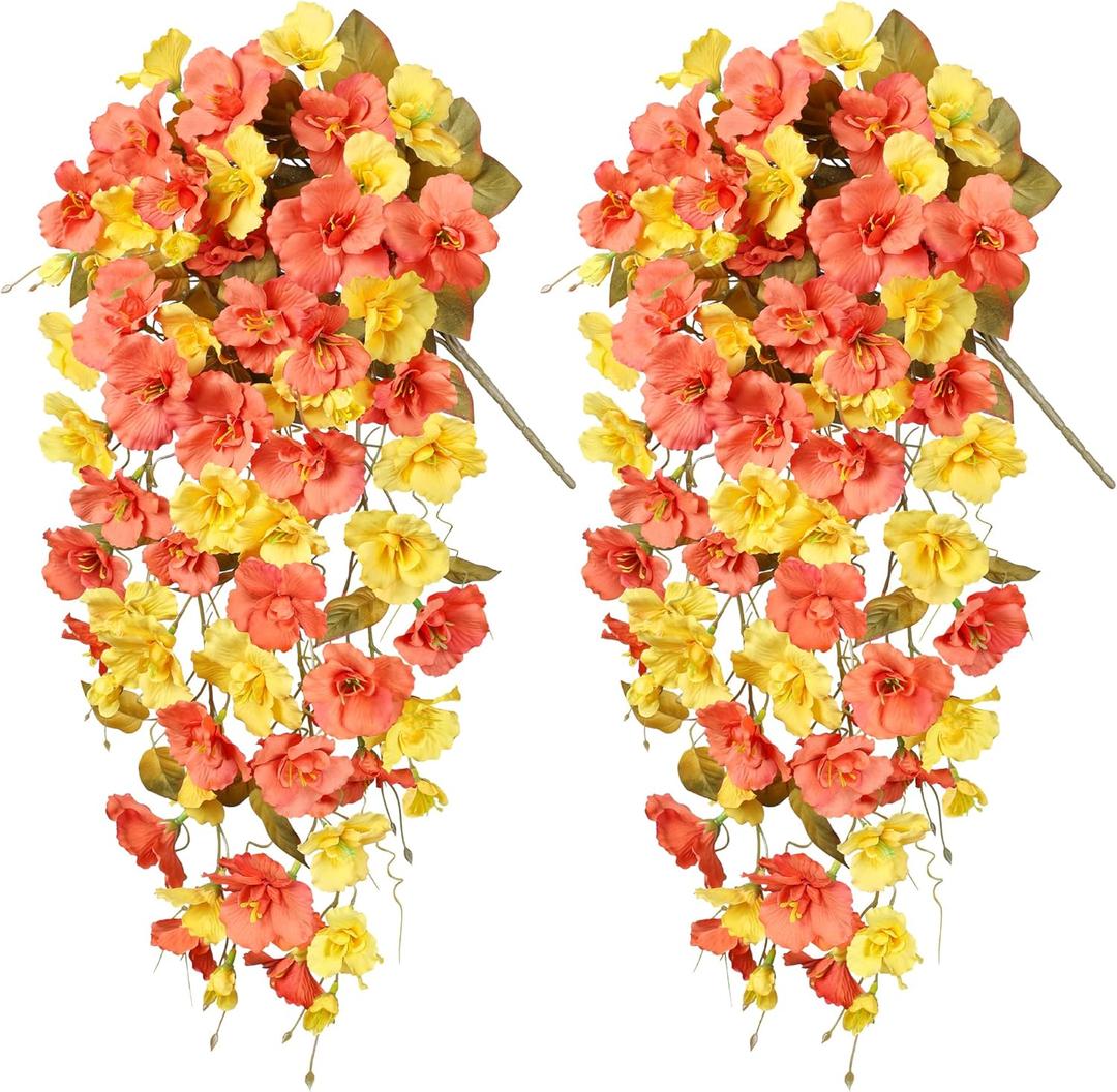 Hibiscus Fall Flowers Artificial for Decoration, 2pcs Silk Hibiscus Trailing Vines Fake Hanging Flowers Plants Realistic UV Resistant Faux Flower for Outside Planters Porch Patio Yard Indoor, Mix (Fall Orange Yellow)