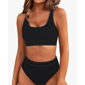 BMJL Women's High Waisted Bikini Sets Sporty Two Piece Swimsuits Color Block Cheeky High Cut Bathing Suits, L