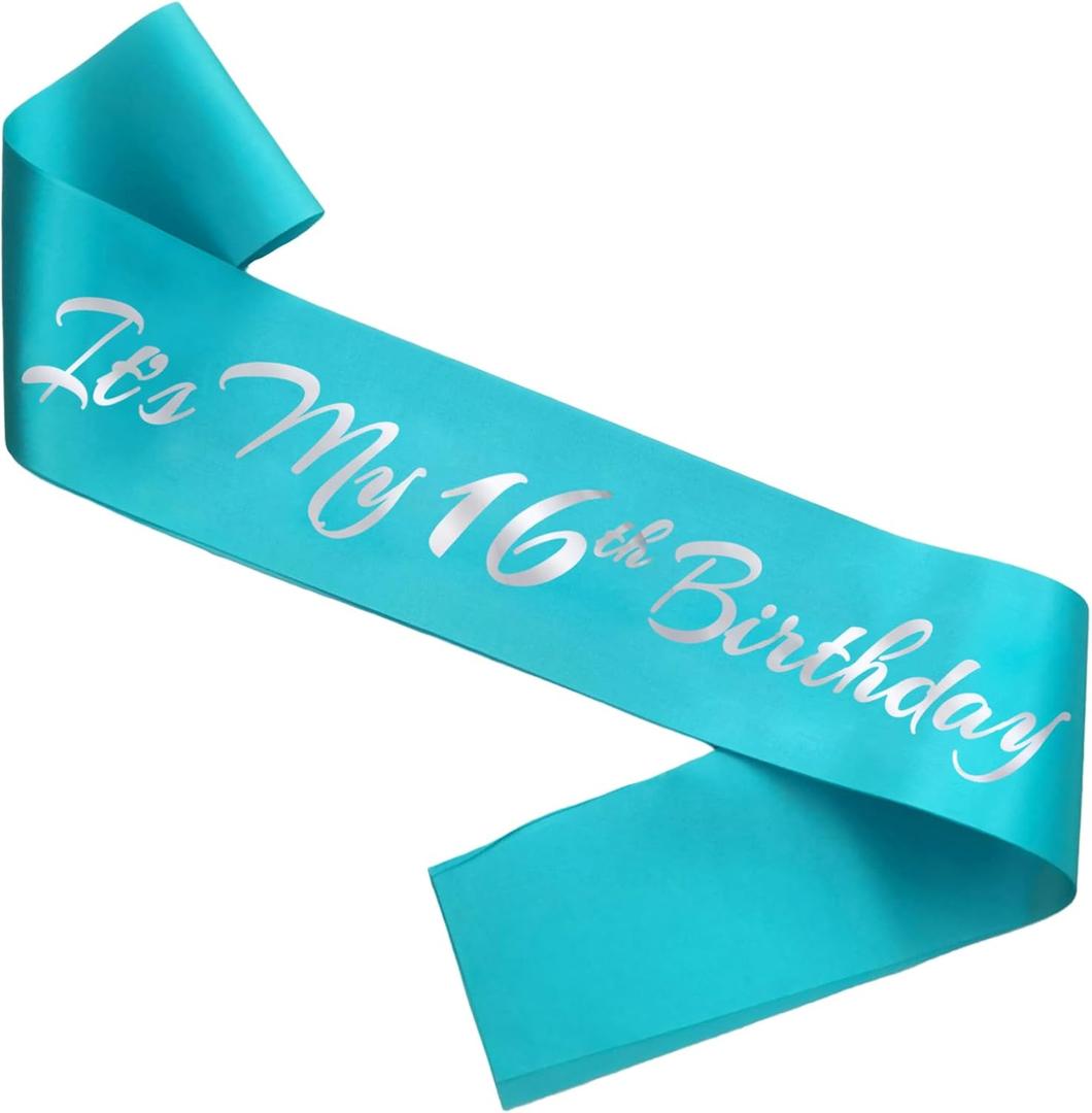 It's My 16th Birthday Sash, Teal Blue Birthday Sash for 16th Bday Party Supplies, Gifts for Girls Bday Party Favors