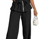 Neweek Women's 2 Piece Sets V Neck Short Sleeve Zipper Drawstring Waist Safari Shirts Wide Leg Pants Outfits With Pockets, Medium
