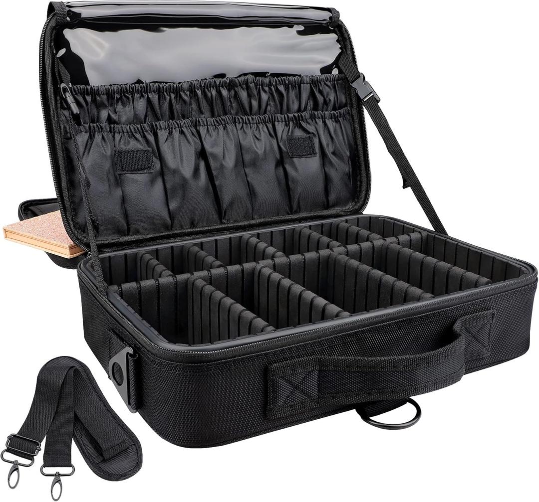 JOURMON Travel Makeup Train Case,Large Capacity Cosmetic Bags for Women,Portable Makeup Bag Organizer with Adjustable Dividers & Shoulder Strap (Medium, Black)