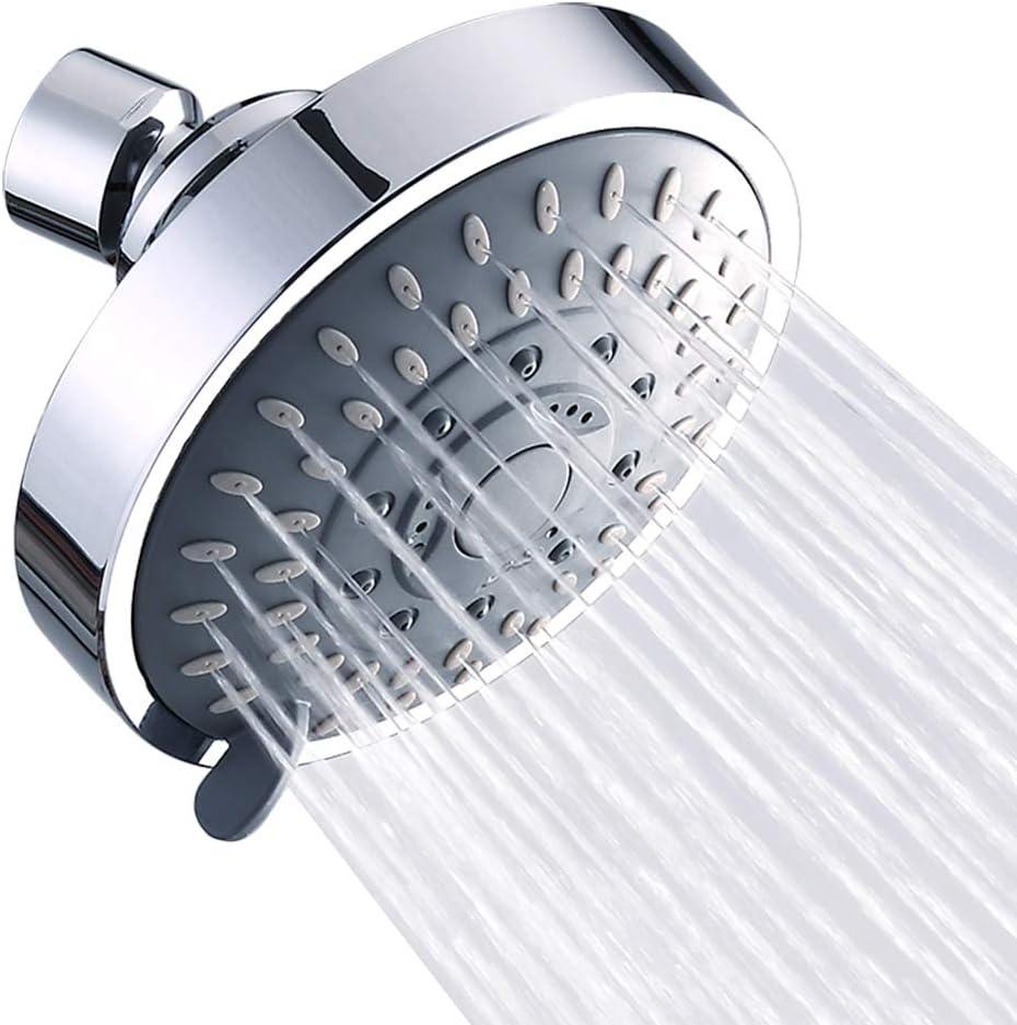 Aisoso Shower Head High Pressure Rain Fixed Showerhead 5-Setting with Adjustable Metal Swivel Ball Joint - Relaxed Shower Experience Even at Low Water Flow & Pressure (4.1 Inch-1PC, Chrome)