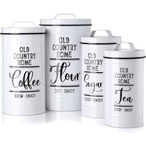 Canisters Sets for the Kitchen, Airtight Kitchen Canisters for Countertop, Flour and Sugar Containers, Tea Coffee Sugar Canister Set, Coffee Bar Decor and Accessories, Set of 4, White