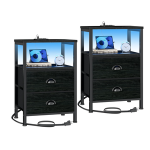 Furologee Nightstands Set of 2, End Tables with Charging Station and LED Lights, Black Night Stands with 2 Fabric Drawers, Bedside Tables Set of 2 for Living Room/Bedroom,Black Oak