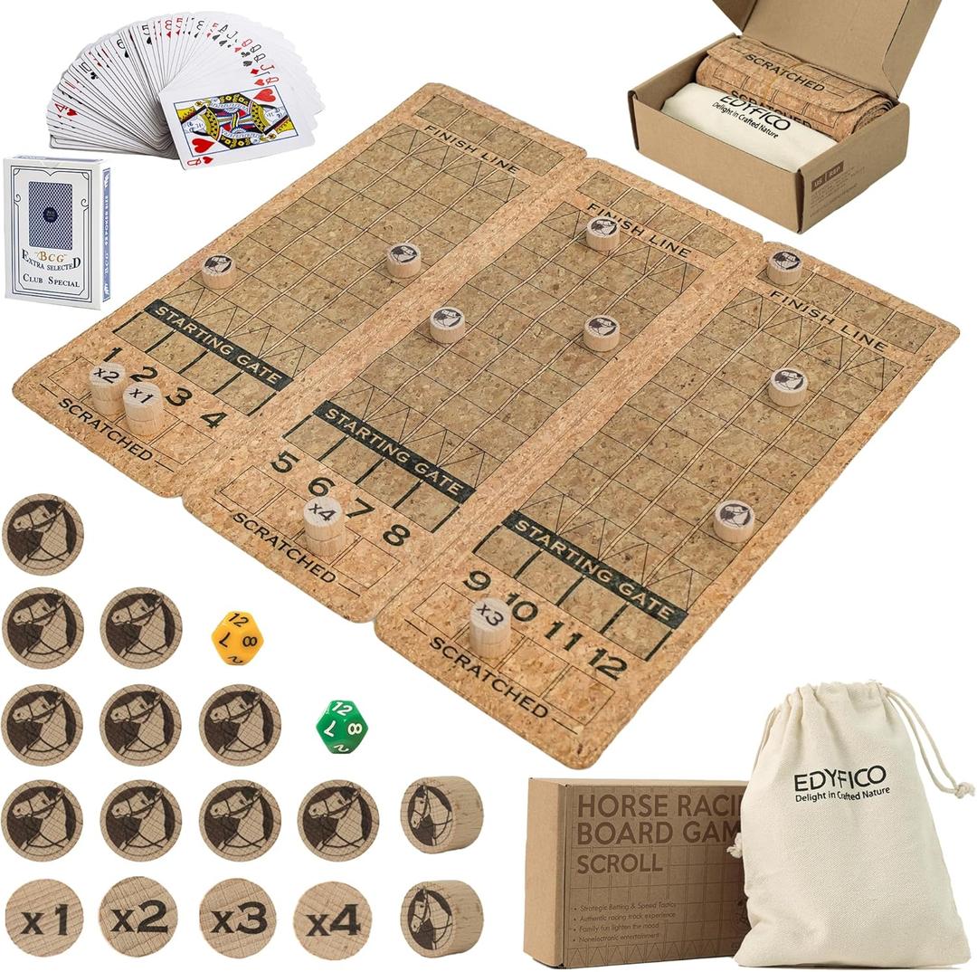 Horse Race Board Game, Portable Horse Racing Game with Rollable Cork Mat, 12 Solid Wooden Horses, 2 D12 & Cards, Travel Horse Game with Storage Bag, Travel Board Games for Family Nights Party Gifts