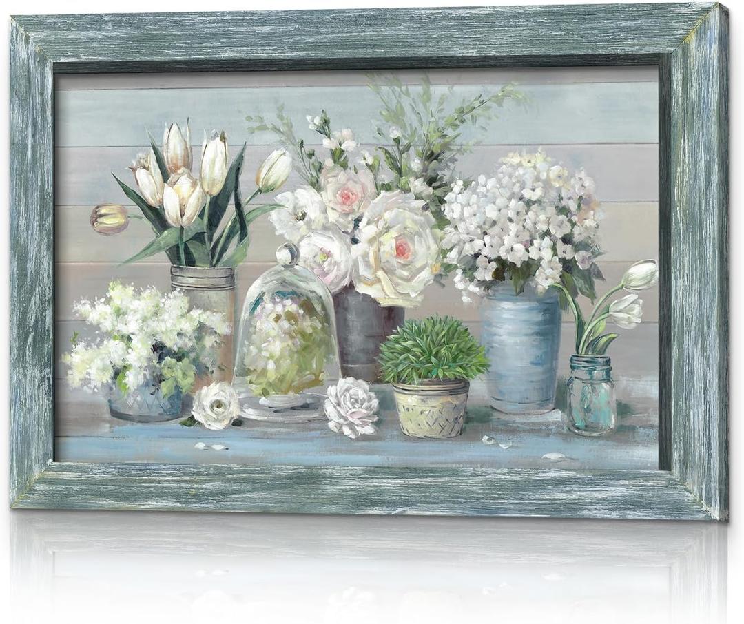 Abstract Floral Framed Wall Art - Rustic White Flower Painting Botanical Bouquet in Vase Picture Plant Prints Wooden Artwork for Kitchen Dining Room (24L" x 16W", blue)