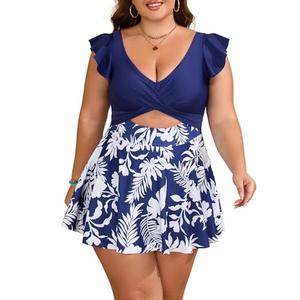 B2prity Women's Plus Size Swimsuit Tummy Control One Piece Swimdress Ruffle V Neck Cutout Wrap Bathing Suit with Skirt, Large