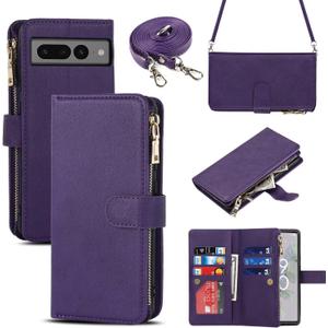 iCoverCase for Google Pixel 7 Pro Wallet Case with Card Holder, Kickstand Feature PU Leather Case with Adjustable Crossbody Lanyard Magnetic Clasp Zipper Pocket Flip Cover (Purple)