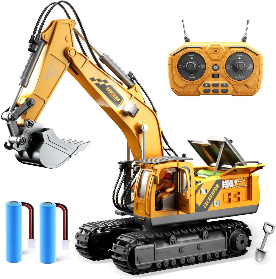 Jiakora 12 Channel Remote Control Excavator, Construction Toys with Metal Shovel, Realistic Lights & Sounds, Includes 2 Batteries, Toys for 3 4 5 6 7 8 9 10 11 12 Year Old Boys, Birthday Gift