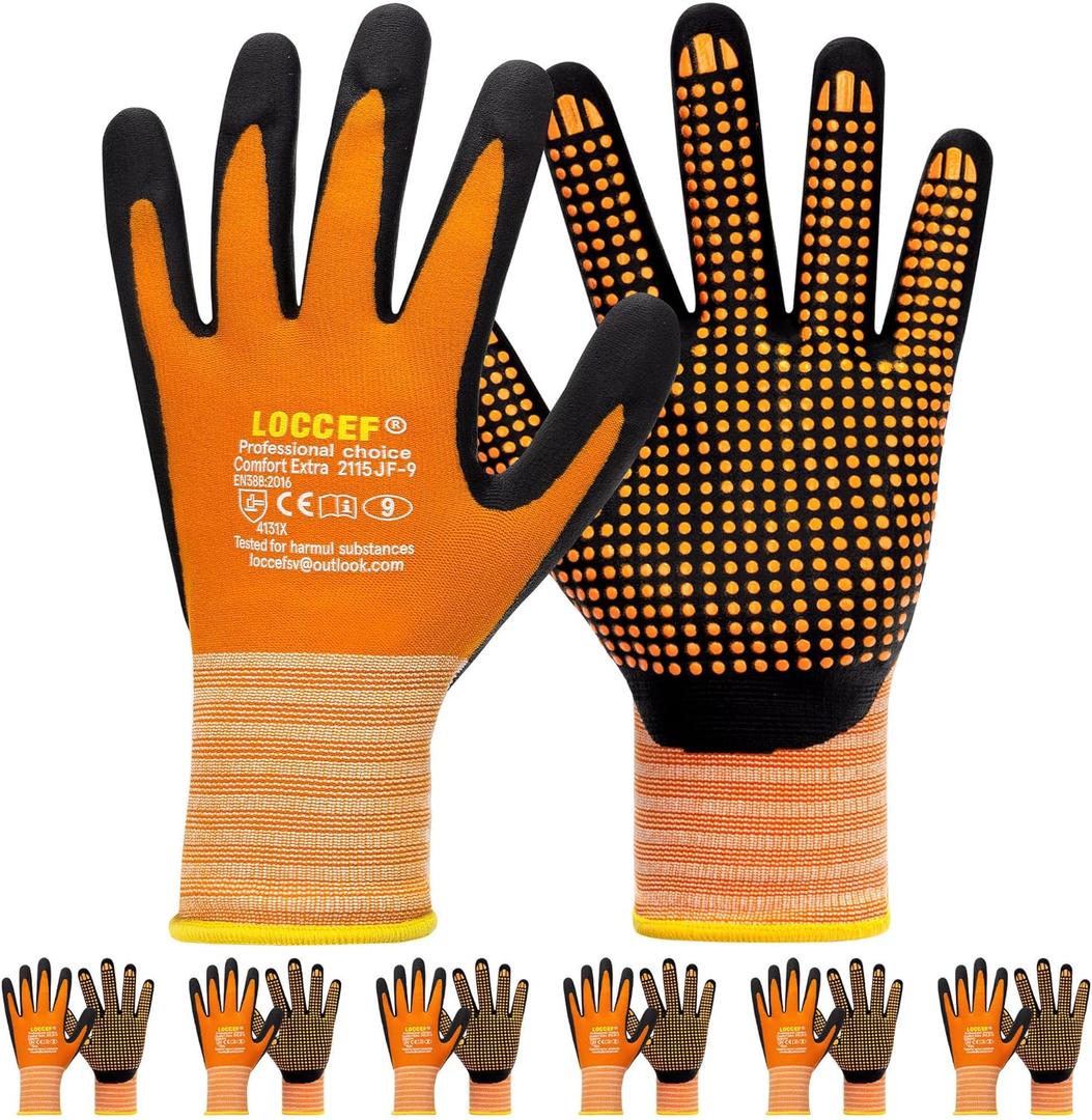 Work Gloves MicroFoam Nitrile Coated-6 Pairs,Endurance Seamless Knit Nylon,Dots on palm,Tacky Dot Grip Gloves,Orange