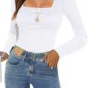 Womens Long Sleeve Shirts 2025 Sexy Ruched Square Neck Tops Trendy Double Lined Fitted Top Blouses Outfits (White, M)