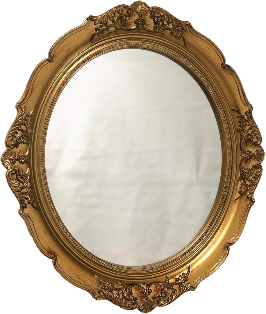 Vintage Carved Decorative Wall Mirror, Hanging Mirror for Dresser Decor Bedroom Living-Room, Cosmetics Jewelry Dresser Organizer Tray (15x 13.4) (Golden-Oval)