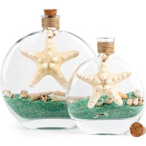 QEQEKAKA 2PCS Glass Bottles with Cork & Green Sand Rocks and Natural Sea Shells Starfish Beach Glass Bottles, for Coastal & Beach Room Decor, Home Tabletop & Summer Decorations, Bridal Shower Gifts