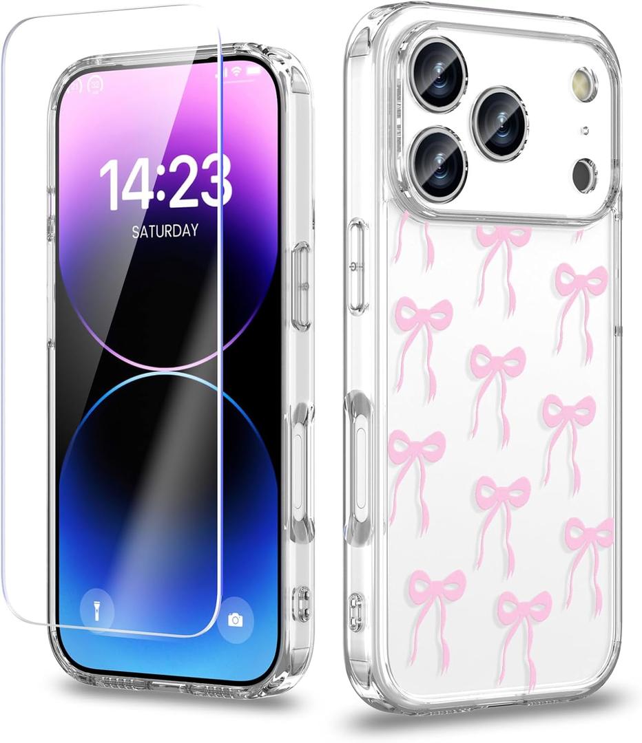 Case Compatible with iPhone 17 Pro 6.3 Inch with Screen Protector, Cute Bow Slim Clear Phone Cover for Women GirlFull Camera ProtectionAnti-YellowingShockproof & Anti-Scratch, Pink
