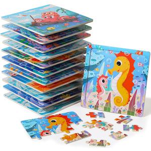 GRINNNIE Wooden Puzzle for Toddlers 3 4 5 Years Old, 12 PCS Jigsaw Ocean Animals Puzzles Preschool Learning Toys for Travel or Car, Birthday for Boys and Girls