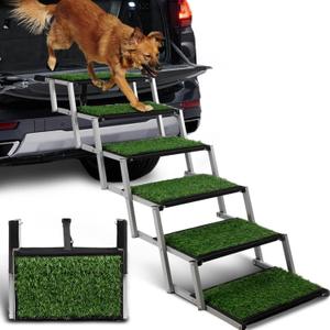 Extra Wide Dog Stairs for Car, Portable Folding Dog Ramps,Doggy Steps for Large Dogs with Non-Slip Grass Rug for Cars, SUV, Trucks, Lightweight Pet Ramp Supports Up to 200 lb, 6 Steps