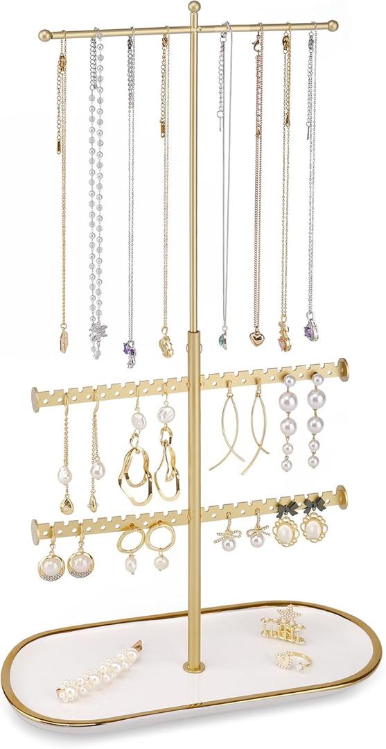 Jenseits Gold Jewelry Organizer Stand with Ceramic Tray  Cute Jewelry Holder for Necklaces, Earrings, Rings & Bracelets, Decorative Jewelry Display for Vanity Dresser, Great Gift for Women & Girls