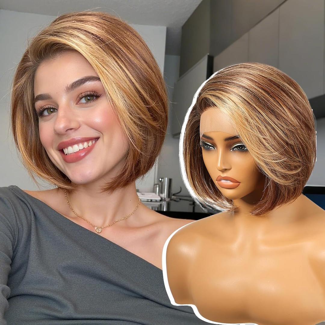 KOME Brown mix Blonde Highlight Synthetic Lace Front Wig,Side Part Short Straight Glueless Bob Wig for White Women Daily Use 10IN (#TT4/243)