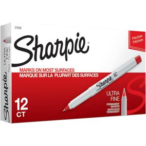 SHARPIE 37002 Permanent Markers, Ultra Fine Point, Red, 12 Count