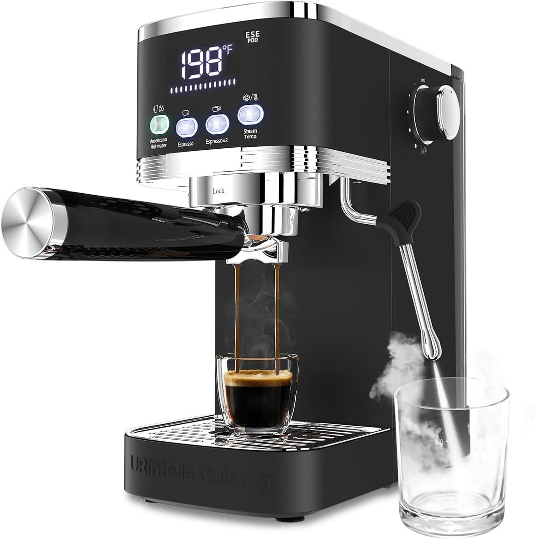 Espresso Machine 20 Bar Temperature Time LED Display Espresso Maker with Adjustable Extraction Temperature Stainless Steel Coffee Machine with Powerful Steam Wand for Cappuccino Latte,Black