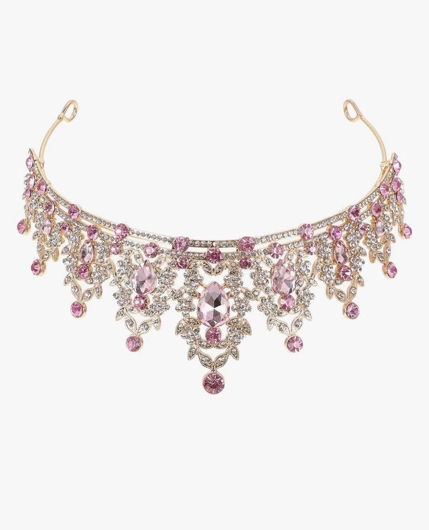 Gatuida Rhinestone Tiara Crown for Women Elegant Wedding Hair Accessories Lightweight Comfortable Bridal Head Pink