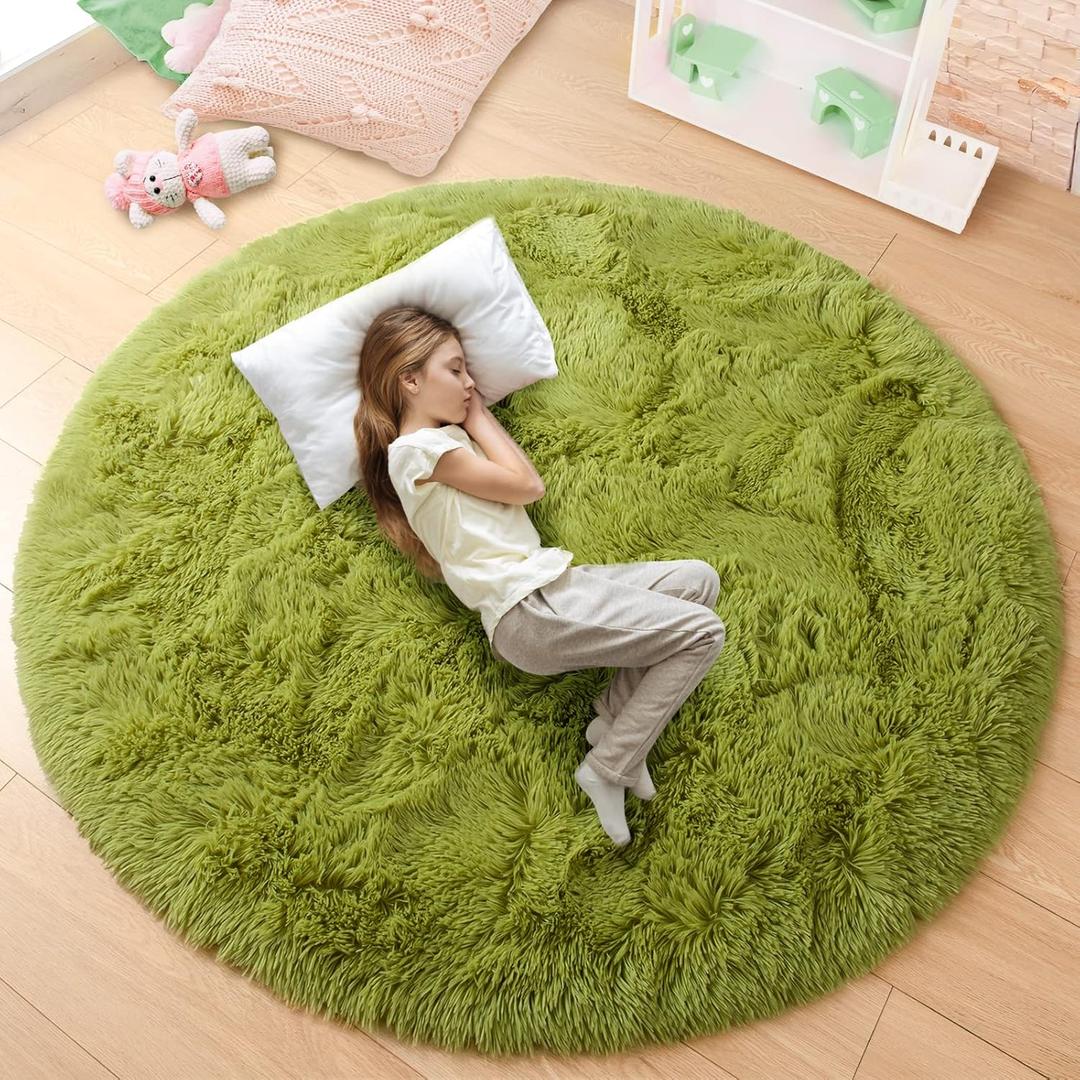 junovo Round Rug 5x5 Feet Fluffy Soft Area Rugs for Kids Girls Room Princess Castle Plush Shaggy Carpet Cute Circle Nursery Rug for Kids Girls Bedroom Baby Room Home Decor Circular Carpet, Green