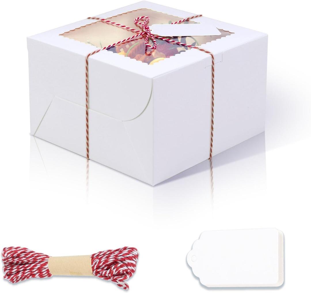 20Pcs 8 Inch Cake Boxes with Window, 8x8x5 Inches White Bakery Boxes, Cake Carrier Container for Pastries, Pie, Cookies, Chocolates, Cupcakes, Birthday Party, Wedding