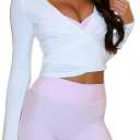 Women Ballet Wrap Top Long Sleeve Slim Fit Self Tie Workout Pilates Yoga Wrap Tops Y2k Dance Shirt (Small, White)