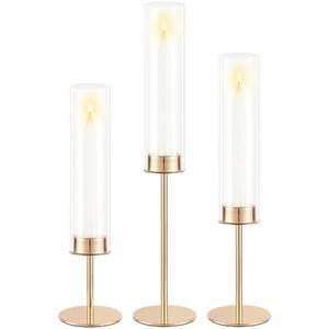 POKINE Gold Candle Holders Set of 3 for Glass Taper Candle Holders,Hurricane Candlestick Holder for Home Decor, Wedding, Dinning, Party Decorative, Anniversary (3,Gold)