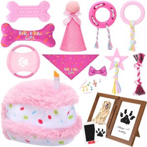 Gemscream 14 Pcs Dog Birthday Toy Gifts Dog Birthday Cake Puppy Interactive Squeak Toys Decorations for Small and Medium Dogs Supplies(Pink)