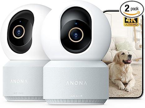 Anona 4K UHD Indoor Camera, Pet/Dog/Baby Security Camera with Phone App, 360°Pan-Tilt, 5G/2.4G Dual-Band Wi-Fi 6, Auto-Tracking, Person/Pet/Baby Crying Detection, Privacy Mode, Two-Way Audio, 2 Pack