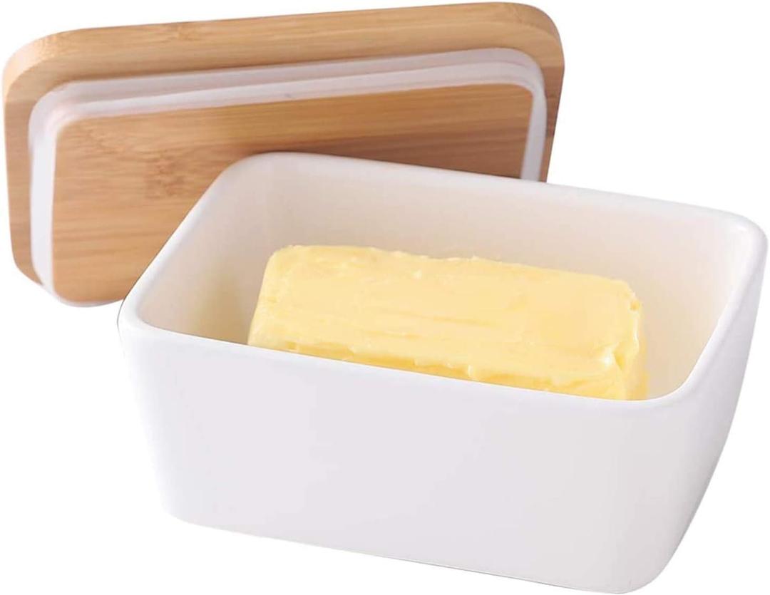 Large Ceramic Butter Dish with Lid and Natural Oak Wood Cover for Kitchen Decor and Accessories for Kitchen Gift, White