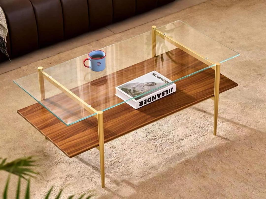 Shrine Rectangle Coffee Table, Mid-Century Modern Design, 2-Tier Structure, Clear Glass Top and Walnut MDF Shelf, 41" D x 21" W x 17" H, Sleek Conical Metal Legs with Gold Finish