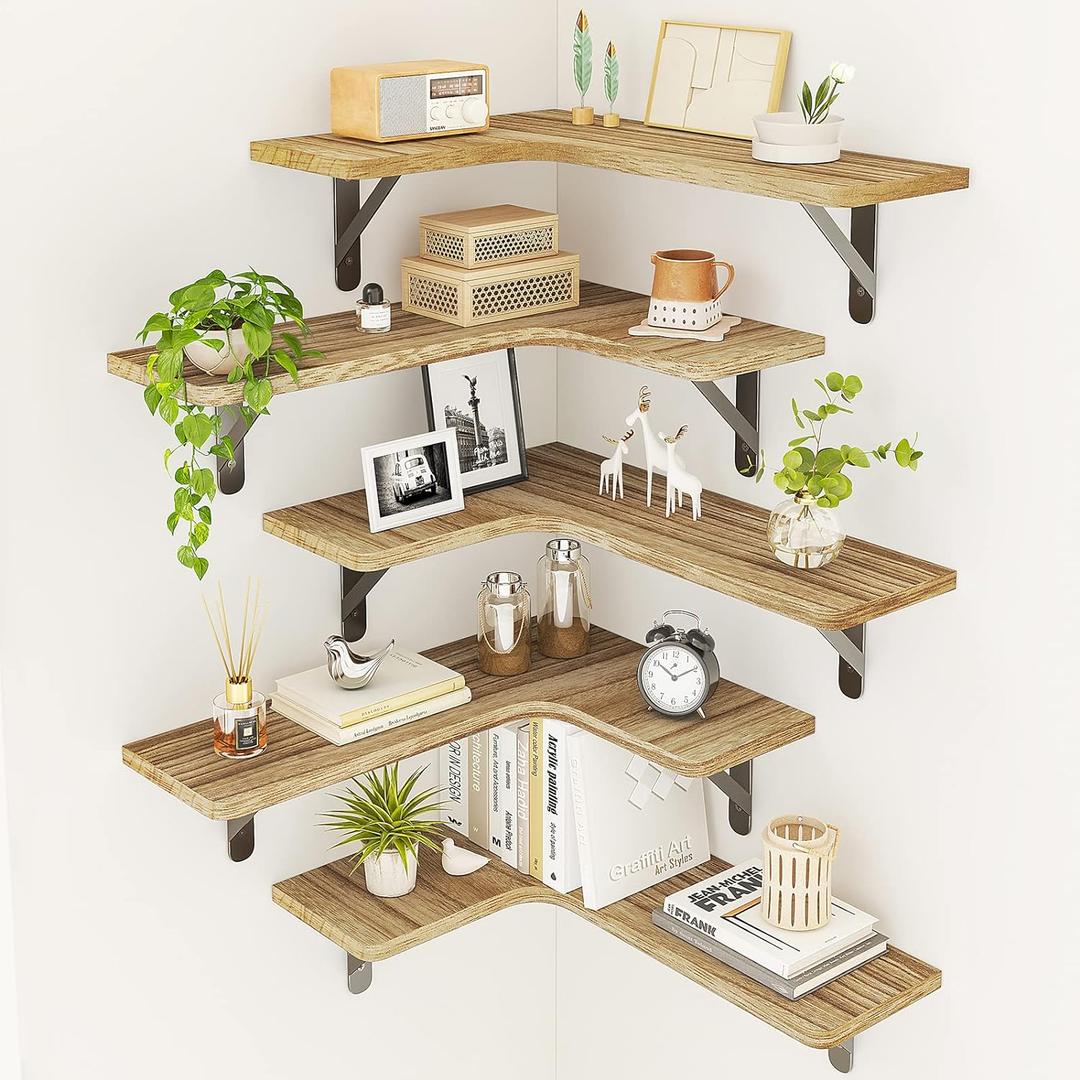 Fixwal Corner Floating Shelves Set of 5, Rustic Wood Wall Mounted Corner Shelf for Bathroom, Kitchen, Bedroom, Home Decor, Laundry Room, Living Room(Carbonized Black) (1-carbonized Black)