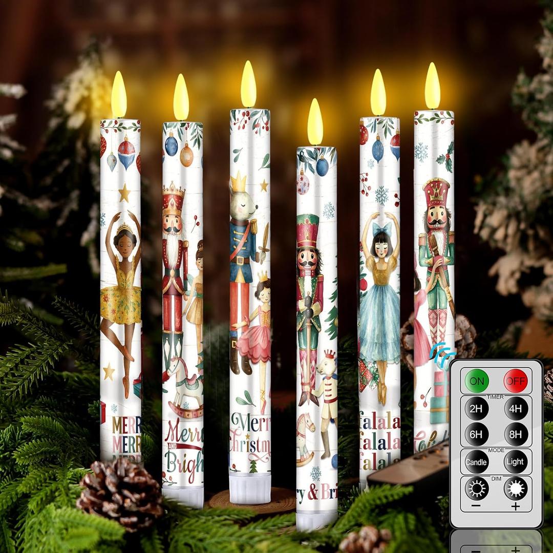 6 Pcs Christmas Flameless Candle Set Nutcracker Taper Candles with Remote Timer LED Flameless Battery Operated Santa Celebration Candles for Winter Christmas Home Decor Gifts