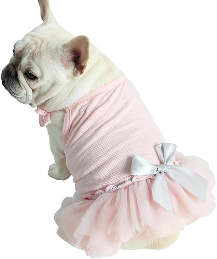 Moorfowl French Bulldog Princess Pink Tutu Dress Summer Vest Gauze Skirt for Pug Corgi Doggie Party Tulle Dress with Bowknot Fashion Outfits (M(Back 12.59"-13.38",Chest 21.25"-22.83"))