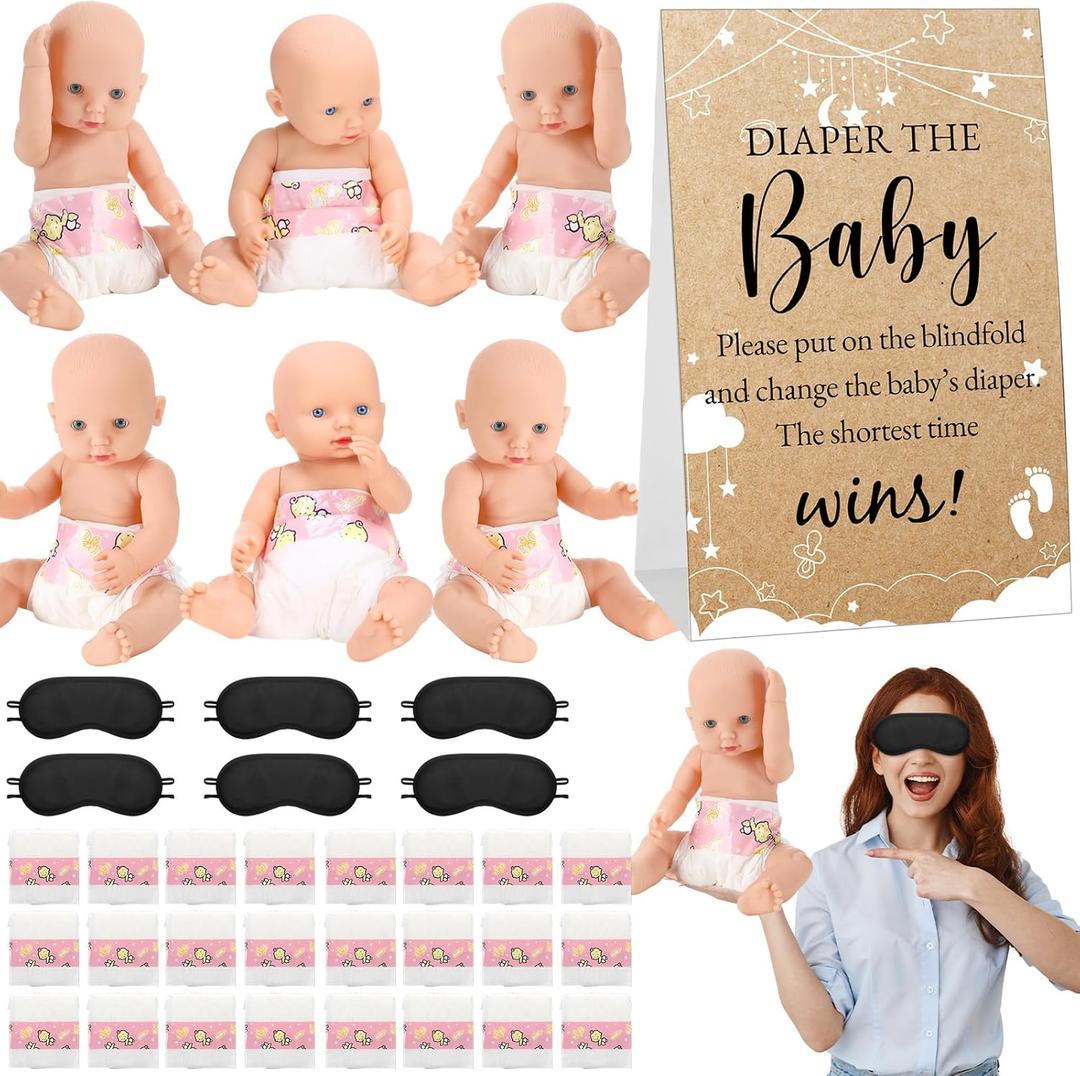 37 Pcs Baby Shower Diaper Changing Game Supplies Including Dolls Blindfold Diapers Cardboard Sign Baby Changing Diaper Race Game Set for Gender Reveal Party (Elegant)